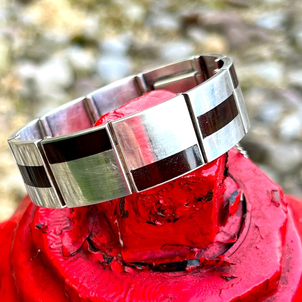 Antonio Pineda Modernist Obsidian? 🤎🖤 Signed Sterling Silver Taxco Link Bracelet